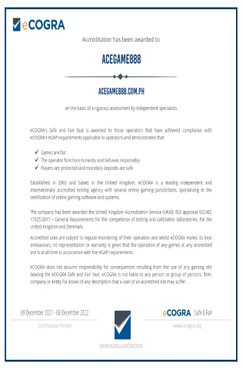 ACEGAME888 Licensed by eCOGRA